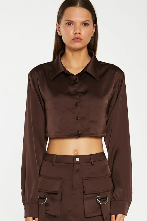 Glamorous Crops, Corsets & Bodysuits|Brown-Satin Open-Back Crop-Shirt -