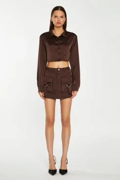 Glamorous Crops, Corsets & Bodysuits|Brown-Satin Open-Back Crop-Shirt -