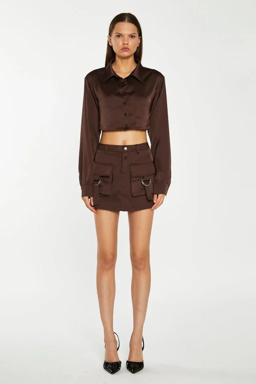Glamorous Crops, Corsets & Bodysuits|Brown-Satin Open-Back Crop-Shirt -