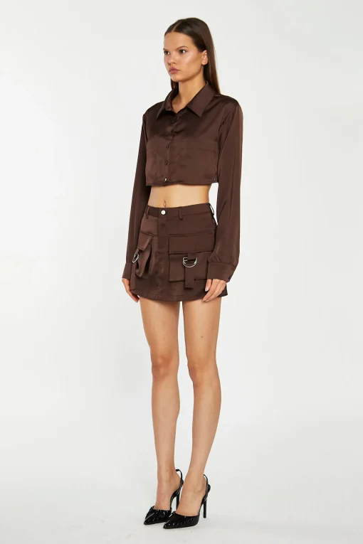 Glamorous Crops, Corsets & Bodysuits|Brown-Satin Open-Back Crop-Shirt -