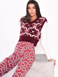 Glamorous Jumpers|Burgundy Pattern V-Neck Sleeveless Jumper -