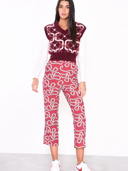 Glamorous Jumpers|Burgundy Pattern V-Neck Sleeveless Jumper -