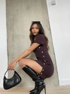 Glamorous Day Dresses|Glamorous Care: Our Sustainable Collection|Burgundy-Black Twist Button-Side Mini-Dress -