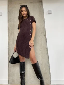 Glamorous Day Dresses|Glamorous Care: Our Sustainable Collection|Burgundy-Black Twist Button-Side Mini-Dress -