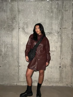 Glamorous Mini Dresses|Mini Dresses|Burgundy-PU Shirt Mini-Dress -