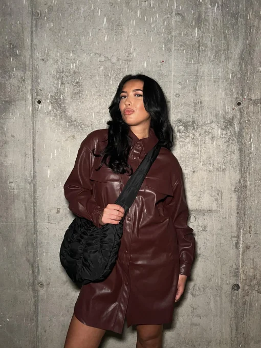 Glamorous Mini Dresses|Mini Dresses|Burgundy-PU Shirt Mini-Dress -