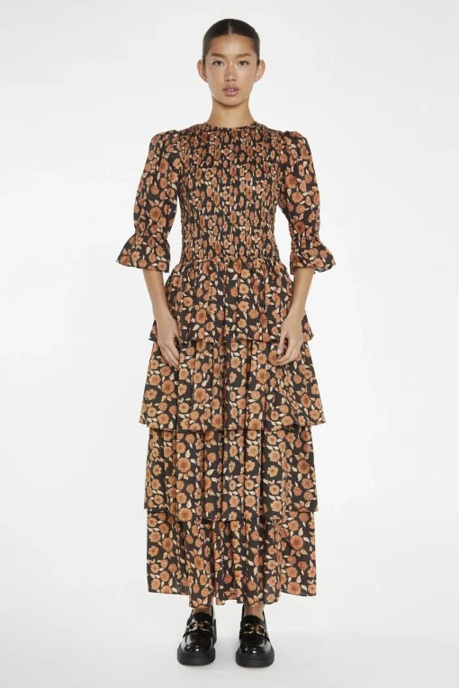 Glamorous Day Dresses|Maxi Dresses|Burnt-Orange Daisy Tiered Maxi-Dress -