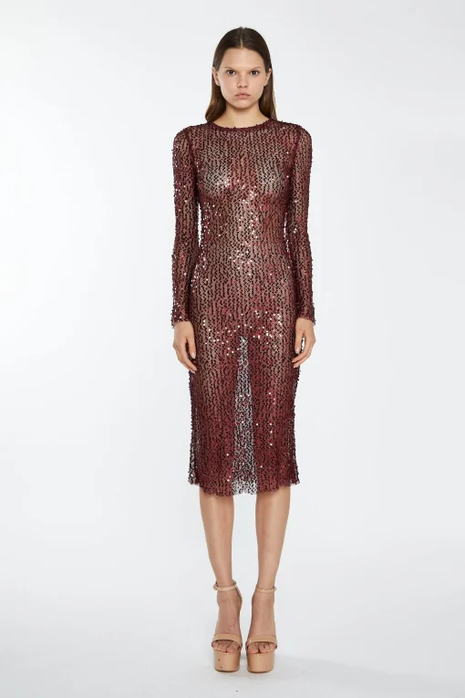 Glamorous Best Dressed Guest|Go To Partywear|Cabernet Mesh-Sequin Long-Sleeve Midi-Dress -