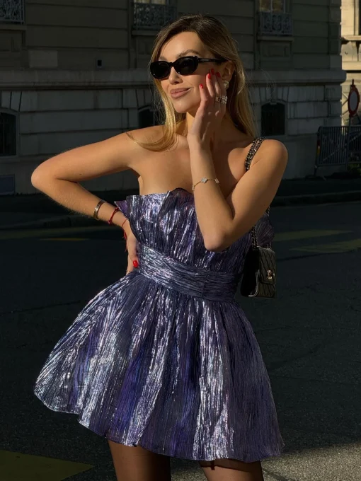 Glamorous Party Dresses|Going Out Dresses|Callie Gathered Bandeau Mini Dress-Purple-Blue Metallic -