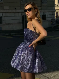 Glamorous Party Dresses|Going Out Dresses|Callie Gathered Bandeau Mini Dress-Purple-Blue Metallic -