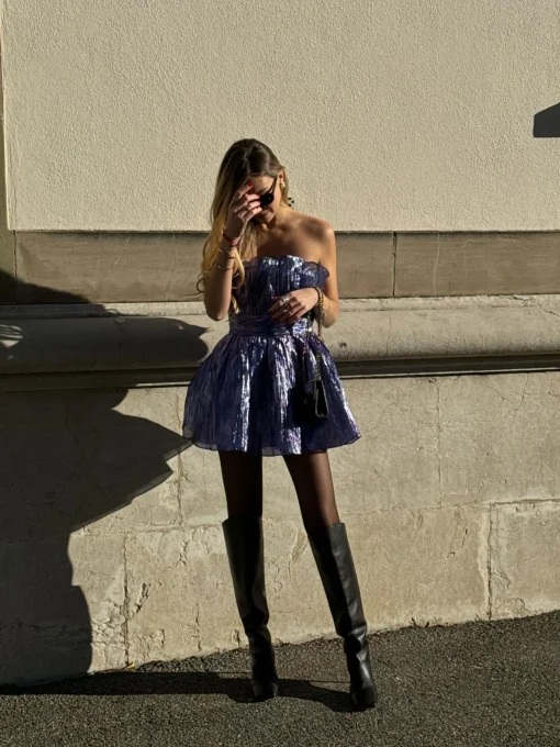 Glamorous Party Dresses|Going Out Dresses|Callie Gathered Bandeau Mini Dress-Purple-Blue Metallic -