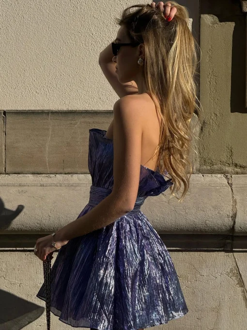 Glamorous Party Dresses|Going Out Dresses|Callie Gathered Bandeau Mini Dress-Purple-Blue Metallic -