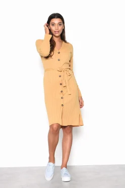 Glamorous Midi & Midaxi Dresses|Midi & Midaxi Dresses|Camel Ribbed Tie Front Midi-Dress -