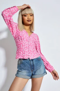Glamorous Blouses & Shirts|Candy Pink Flower Button Up Long Sleeve Blouse -