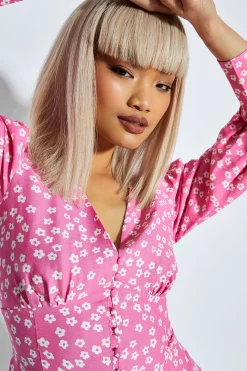 Glamorous Blouses & Shirts|Candy Pink Flower Button Up Long Sleeve Blouse -