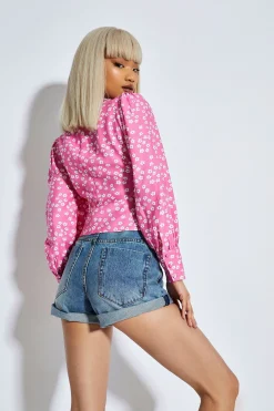 Glamorous Blouses & Shirts|Candy Pink Flower Button Up Long Sleeve Blouse -