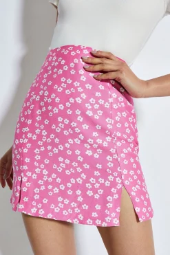 Glamorous Mini Skirts|Candy Pink Flower Double Slit Mini Skirt -