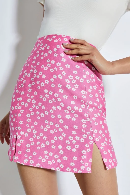 Glamorous Mini Skirts|Candy Pink Flower Double Slit Mini Skirt -