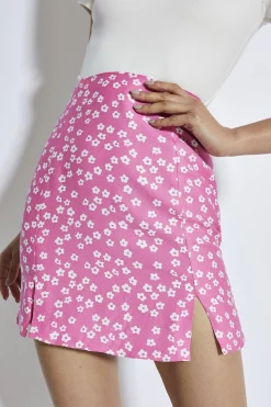Glamorous Mini Skirts|Candy Pink Flower Double Slit Mini Skirt -