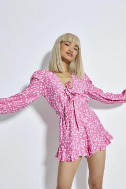Glamorous Playsuits|Candy Pink Flower Elasticated Waist Long-Sleeve-Playsuit -