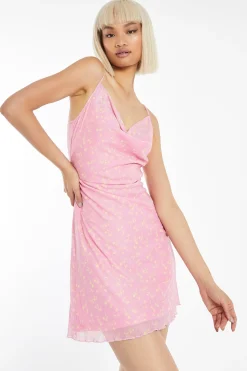 Glamorous Day Dresses|Party Dresses|Candy-Pink Floral Mesh Cowl Neck Mini-Dress -