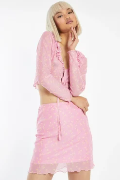 Glamorous Best Dressed Guest|Co-ords|Candy-Pink Floral Mesh Lettuce Hem Mini-Skirt -
