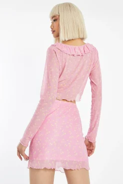 Glamorous Best Dressed Guest|Co-ords|Candy-Pink Floral Mesh Lettuce Hem Mini-Skirt -