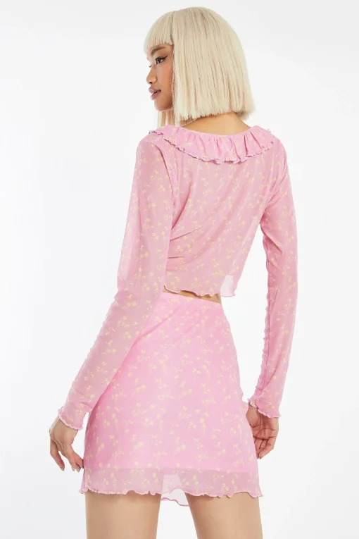 Glamorous Best Dressed Guest|Co-ords|Candy-Pink Floral Mesh Lettuce Hem Mini-Skirt -