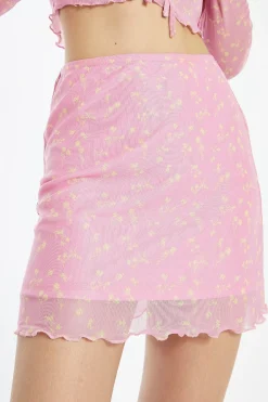 Glamorous Best Dressed Guest|Co-ords|Candy-Pink Floral Mesh Lettuce Hem Mini-Skirt -
