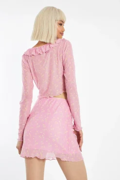 Glamorous Best Dressed Guest|Going Out Tops|Candy-Pink Floral Mesh Ruffle Tie Front Crop-Top -
