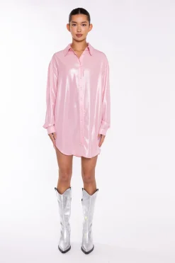 Glamorous Go To Partywear|Party Dresses|Candy-Pink Shimmer Shirt Mini-Dress -