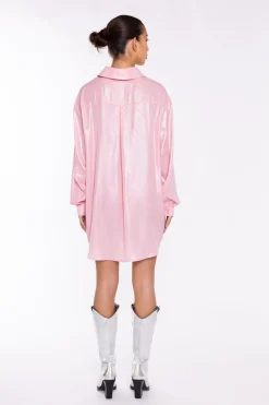 Glamorous Go To Partywear|Party Dresses|Candy-Pink Shimmer Shirt Mini-Dress -