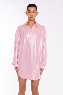 Glamorous Go To Partywear|Party Dresses|Candy-Pink Shimmer Shirt Mini-Dress -