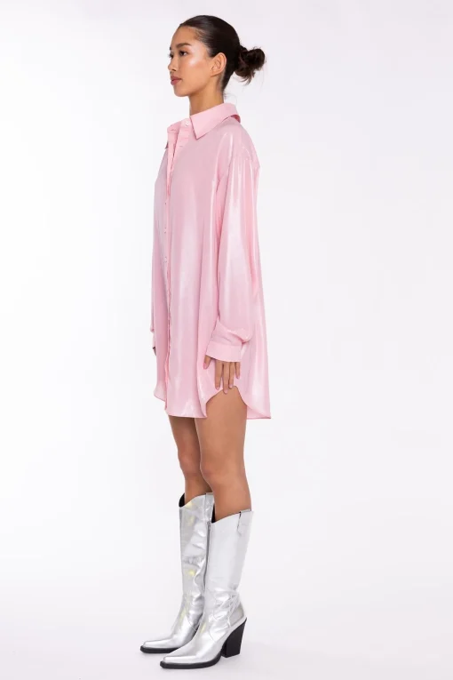 Glamorous Go To Partywear|Party Dresses|Candy-Pink Shimmer Shirt Mini-Dress -