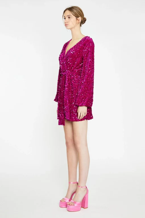 Glamorous Best Dressed Guest|Go To Partywear|Cerise Velvet-Sequin Tie-Waist Wrap Mini-Dress -