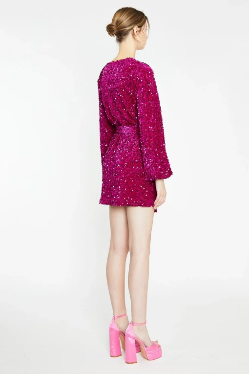 Glamorous Best Dressed Guest|Go To Partywear|Cerise Velvet-Sequin Tie-Waist Wrap Mini-Dress -