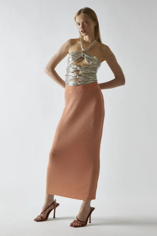 Glamorous Going Out Tops|Crops, Corsets & Bodysuits|Champagne-Lame Twist-Front Cut-Out Halterneck-Top -