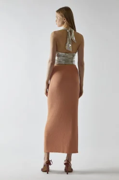 Glamorous Going Out Tops|Crops, Corsets & Bodysuits|Champagne-Lame Twist-Front Cut-Out Halterneck-Top -