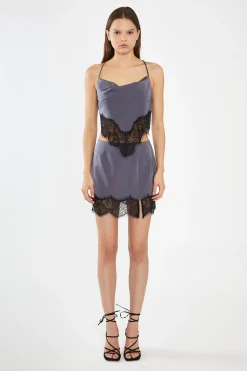 Glamorous Co-ords|Mini Skirts|Charcoal-Grey Black Lace-Trim Mini-Skirt -