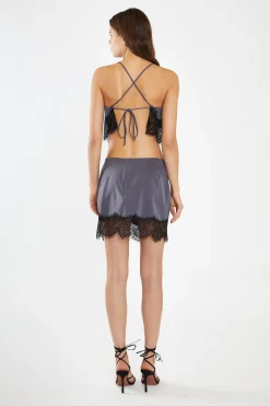 Glamorous Co-ords|Mini Skirts|Charcoal-Grey Black Lace-Trim Mini-Skirt -