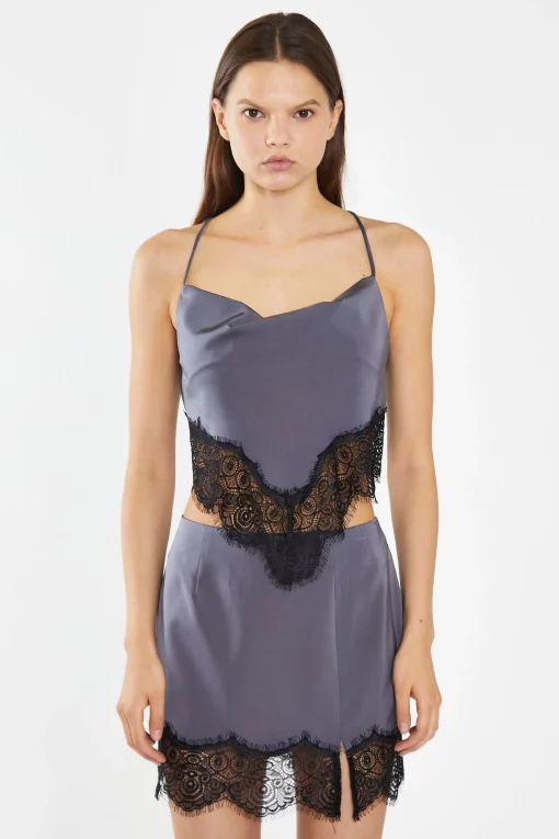 Glamorous Co-ords|Mini Skirts|Charcoal-Grey Black Lace-Trim Mini-Skirt -