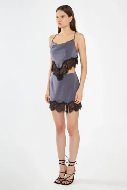 Glamorous Co-ords|Mini Skirts|Charcoal-Grey Black Lace-Trim Mini-Skirt -