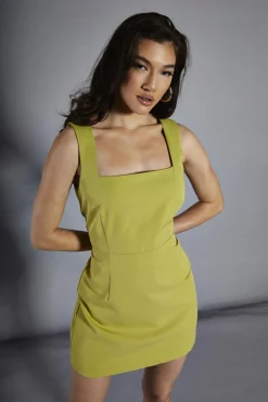 Glamorous Day Dresses|Party Dresses|Chartreuse-Green Square-Neck Mini-Dress -