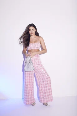 Glamorous Tops|Co-ords|Cher Co-ord Diamante Trim Crop Top - Pink Check Sequin -