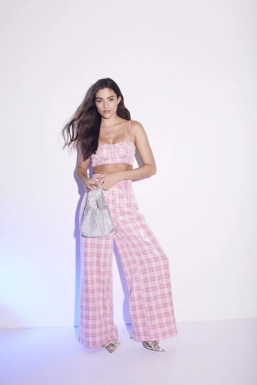 Glamorous Tops|Co-ords|Cher Co-ord Diamante Trim Crop Top - Pink Check Sequin -