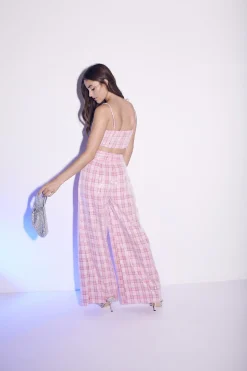 Glamorous Tops|Co-ords|Cher Co-ord Diamante Trim Crop Top - Pink Check Sequin -