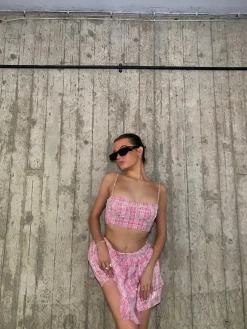 Glamorous Tops|Co-ords|Cher Co-ord Diamante Trim Crop Top - Pink Check Sequin -