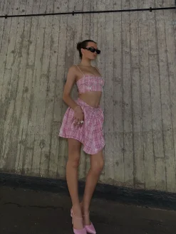 Glamorous Tops|Co-ords|Cher Co-ord Diamante Trim Crop Top - Pink Check Sequin -
