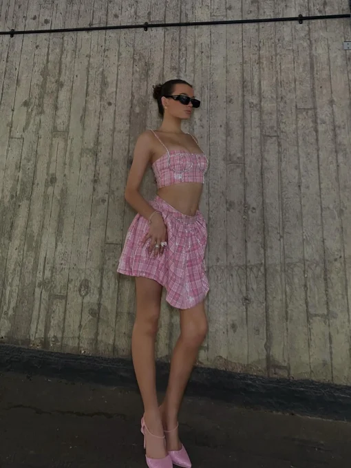 Glamorous Tops|Co-ords|Cher Co-ord Diamante Trim Crop Top - Pink Check Sequin -