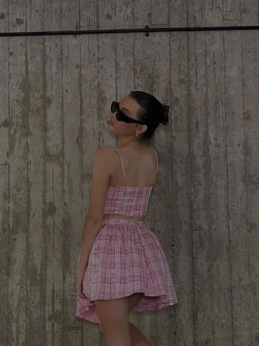 Glamorous Tops|Co-ords|Cher Co-ord Diamante Trim Crop Top - Pink Check Sequin -